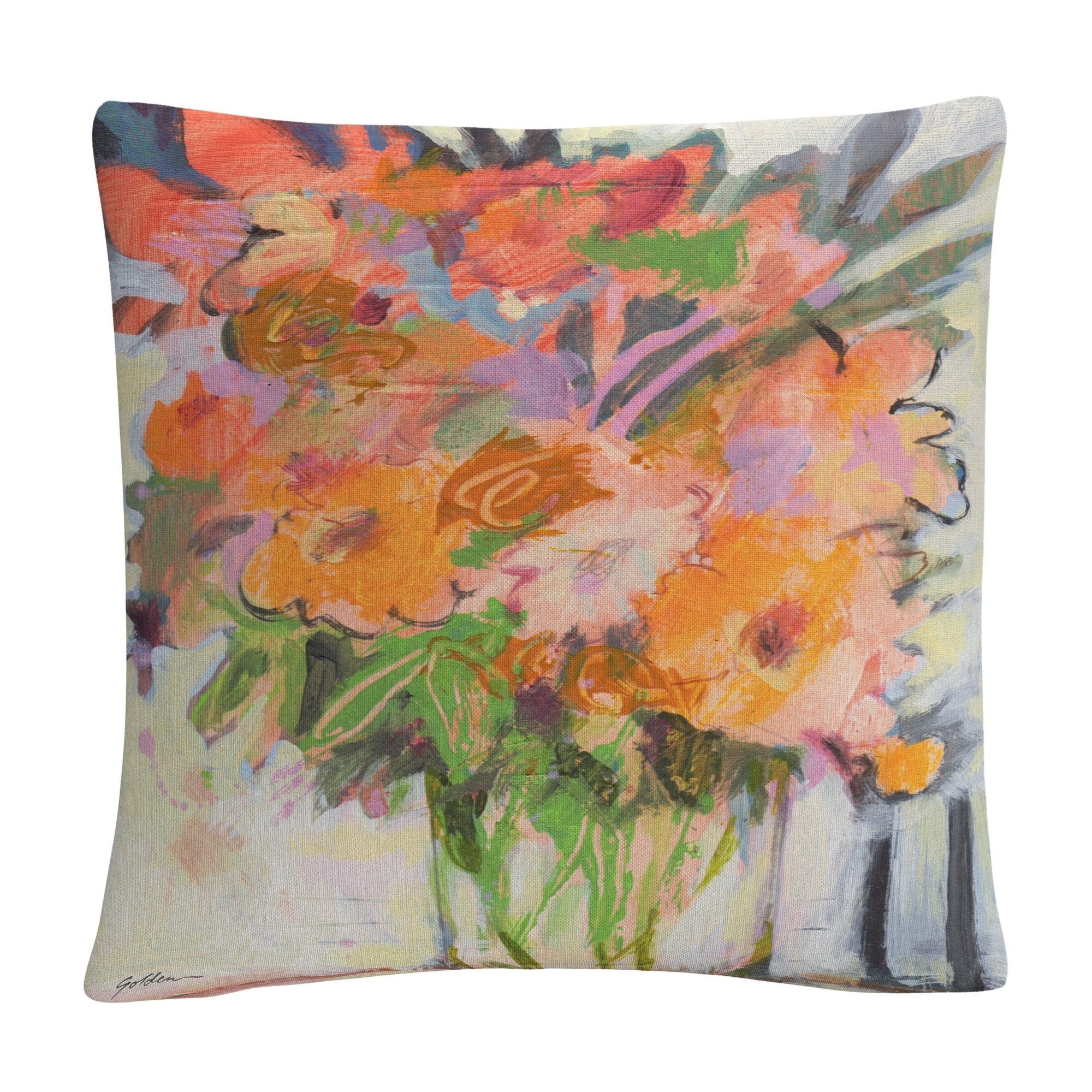 'Orange Bouquet' Floral Watercolor Motif By Sheila Golden 16x16 Throw Pillow
