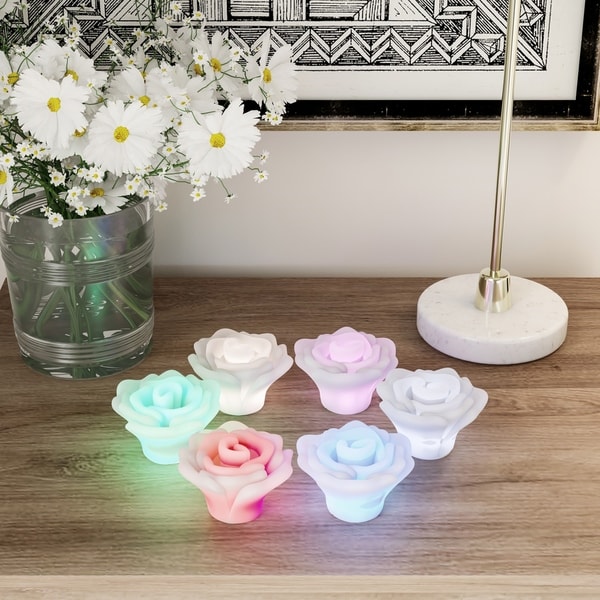 LED Rose Shaped Color Changing Lights- 6 Piece Set Flower Design Flameless Lighting Accents for Home Décor by Lavish Home