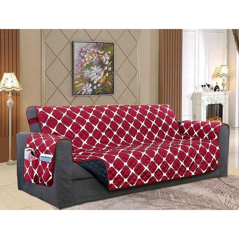 Elegant Comfort Reversible Bloomingdale Pattern Quilted Oversized Sofa Furniture Protector - burgundy-black