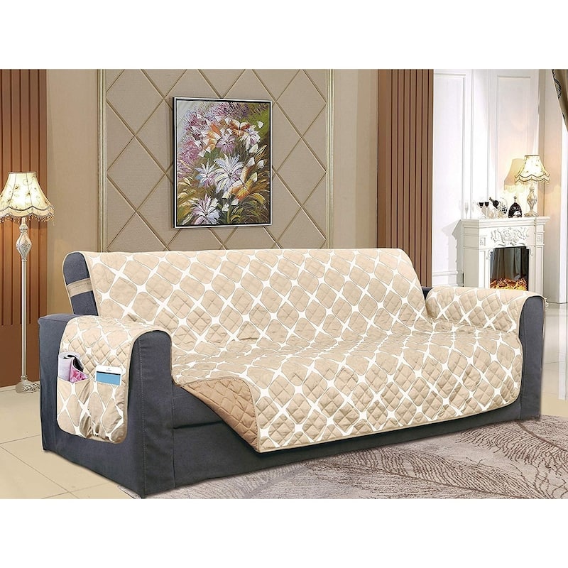 Elegant Comfort Reversible Bloomingdale Pattern Quilted Oversized Sofa Furniture Protector - cream-taupe