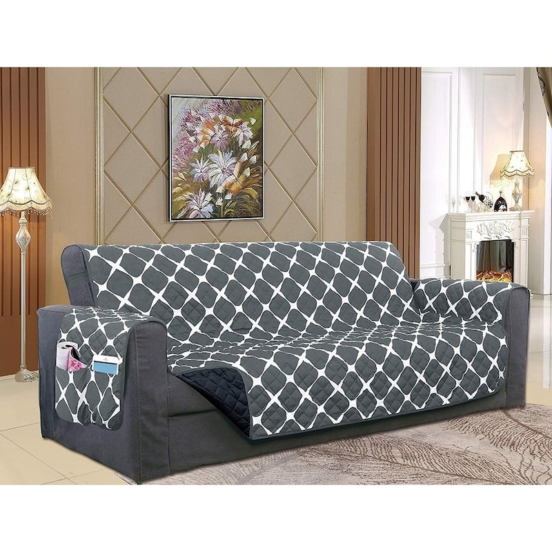 Elegant Comfort Reversible Bloomingdale Pattern Quilted Oversized Sofa Furniture Protector - Black-Gray