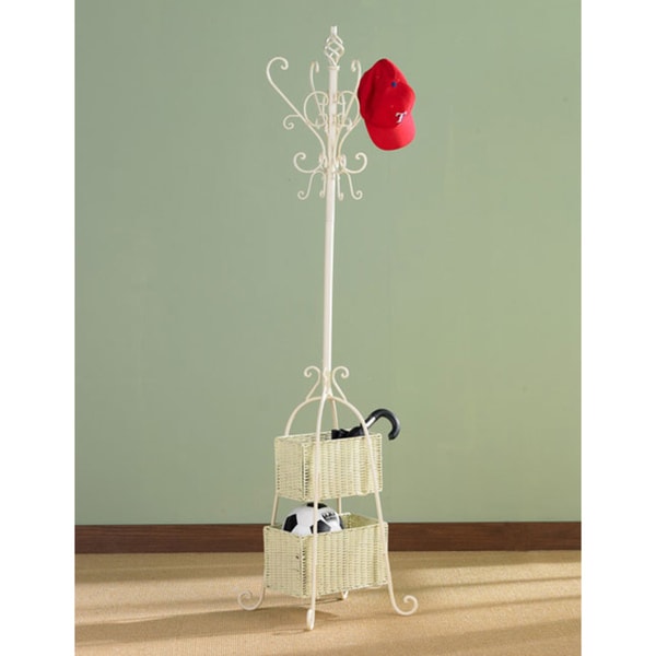 Ivory Iron Hall Tree w/ Rattan Baskets