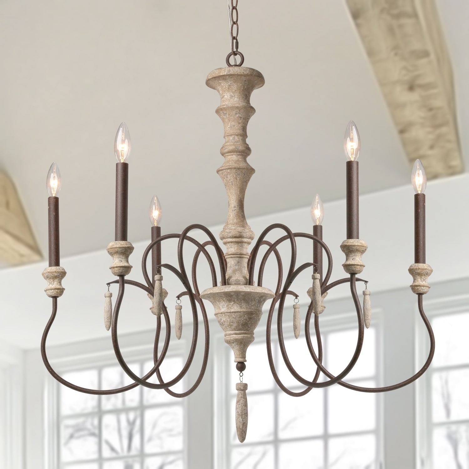 LNC 6-Light Antique White French Country Wood Chandelier - D31.1"x H32.7" (D31.1"x H32.7") - Chandeliers For Bedrooms by Overstock.com