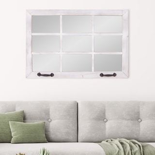 Distressed White Windowpane Wall Mirror with Hooks White 24x36