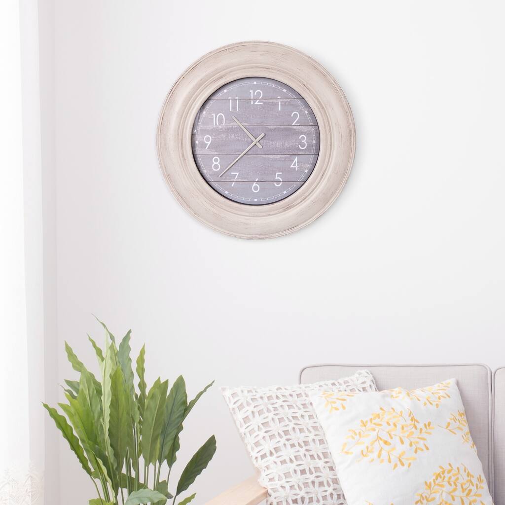 30" Distressed White with Gray Wood Plank Wall Clock