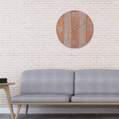 Patton Wall Decor 24" Rustic Wood Plank and Metal Frameless Wall Clock