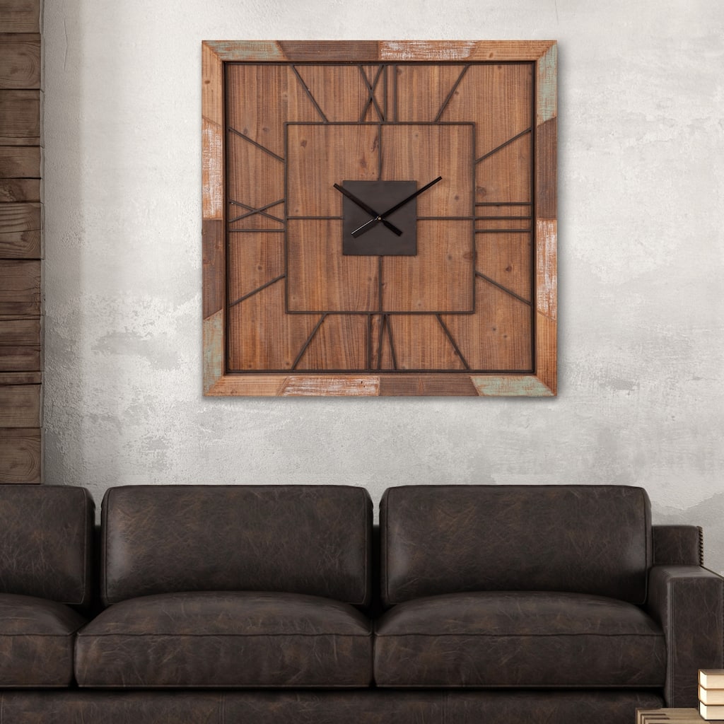40" Oversized Square Distressed Wood Plank and Metal Square Wall Clock