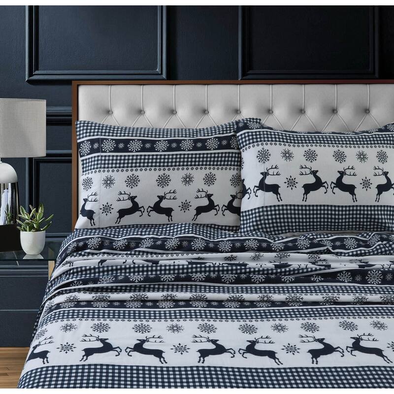 200-GSM Heavyweight Cotton Flannel Printed Pillowcases (Set of 2) - Standard - gingham deer