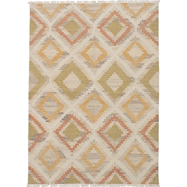 ECARPETGALLERY Flat-weave Izmir FW Cream, Olive Wool Kilim - 4'8 x 6'6