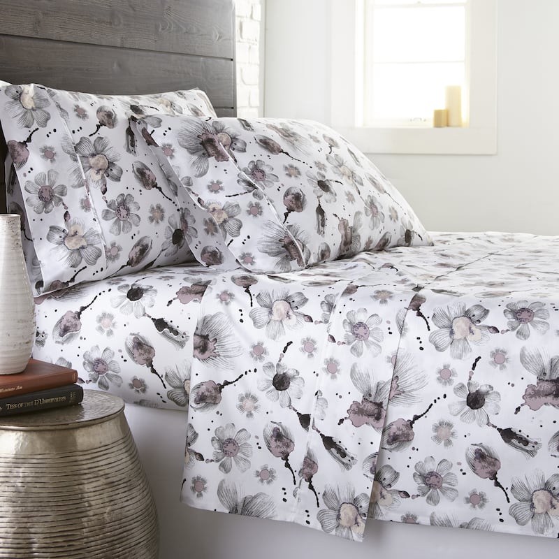 Watercolor Symphony Extra Deep Pocket 4-piece Cotton Bed Sheet Set - Grey - Full