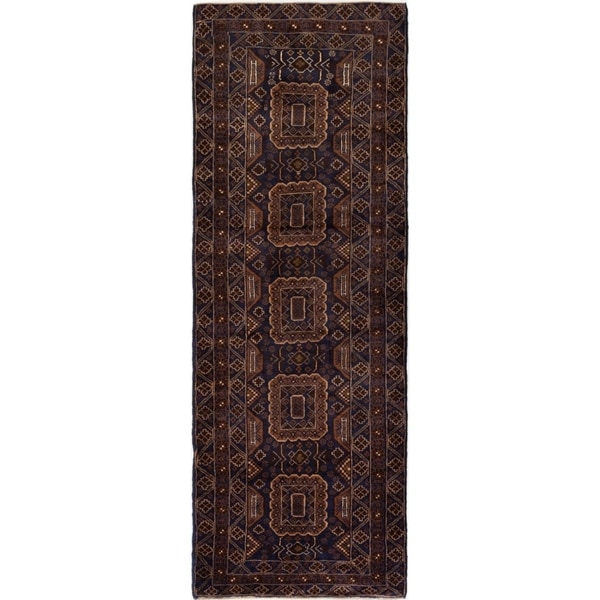 ECARPETGALLERY Hand-knotted Royal Baluch Brown, Dark Navy Wool Rug - 3'4 x 9'4