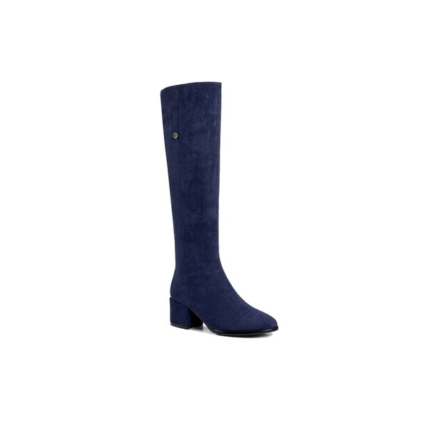 navy blue knee high leather boots