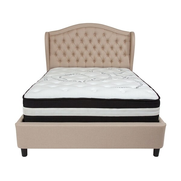 Offex Valencia Tufted Upholstered Full Size Platform Bed in Beige Fabric with Pocket Spring Mattress