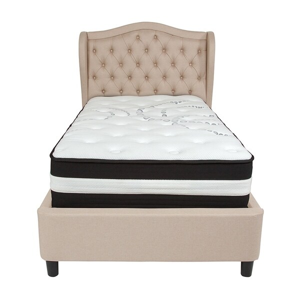 Offex Valencia Tufted Upholstered Twin Size Platform Bed In Offex Valencia Tufted Upholstered Twin Size Platform Bed In Beige Fabric With Pocket Spring Mattress