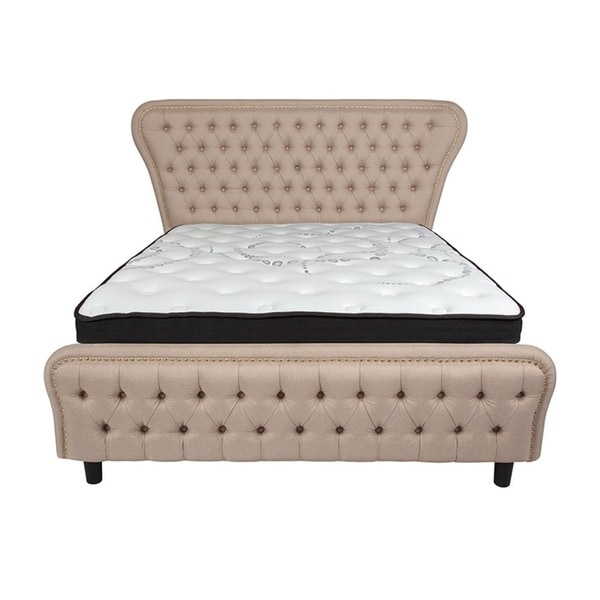 Offex Cartelana Tufted Upholstered Queen Size Platform Bed in Beige Fabric and Gold Accent Nail Trim