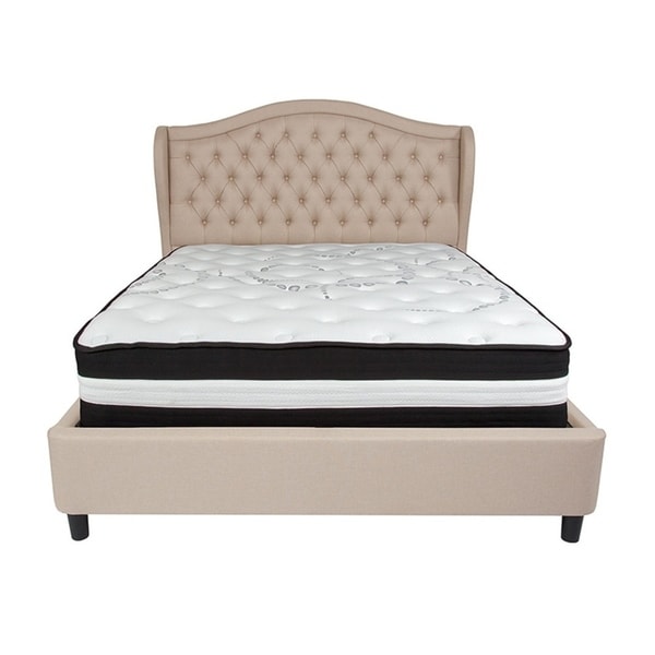 Offex Valencia Tufted Upholstered Queen Size Platform Bed in Beige Fabric with Pocket Spring Mattress