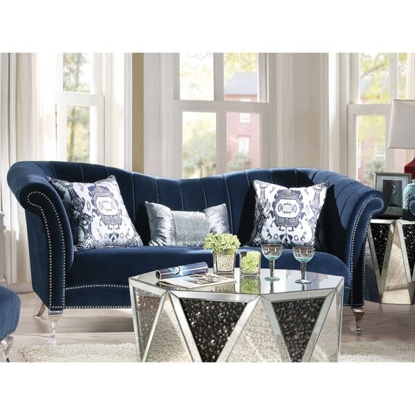 Vintage Style Velvet and Acrylic Sofa with 3 Pillows, Blue - On Sale