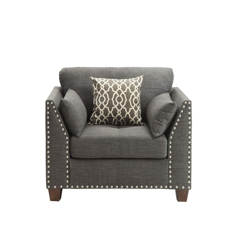 Transitional Style Wood and Linen Chair with 3 Pillows, Grey
