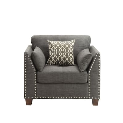 Transitional Style Wood and Linen Chair with 3 Pillows, Grey