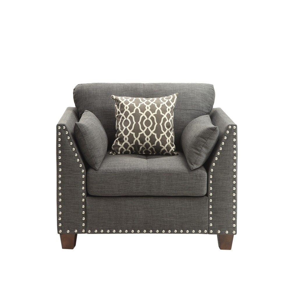 Transitional Style Wood and Linen Chair with 3 Pillows, Grey