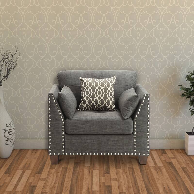 Transitional Style Wood and Linen Chair with 3 Pillows, Grey