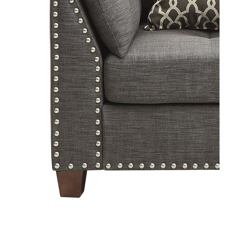 Transitional Style Wood and Linen Chair with 3 Pillows, Grey