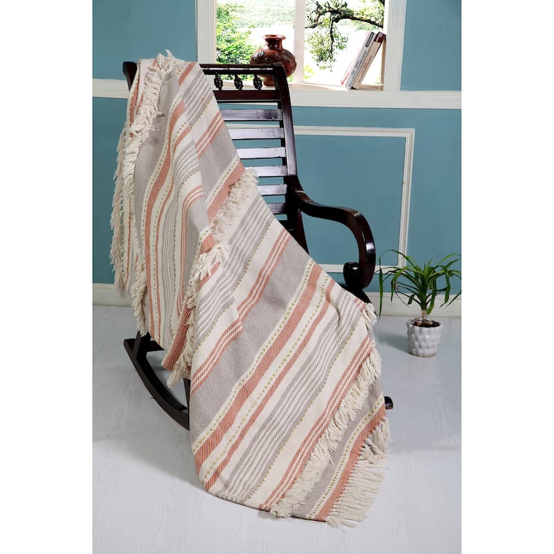 Sevita Fringed Terracotta Sunrise Standard Size Throw Blanket With Golden Accents