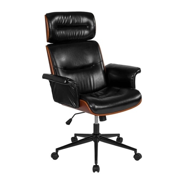 Offex Contemporary High Back Black Leather Walnut Wood Executive Swivel Office Chair
