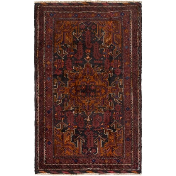 ECARPETGALLERY Hand-knotted Rizbaft Black, Dark Red Wool Rug - 4'0 x 6'2