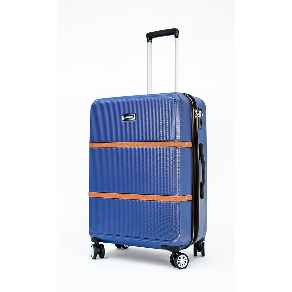 blue and white striped suitcase