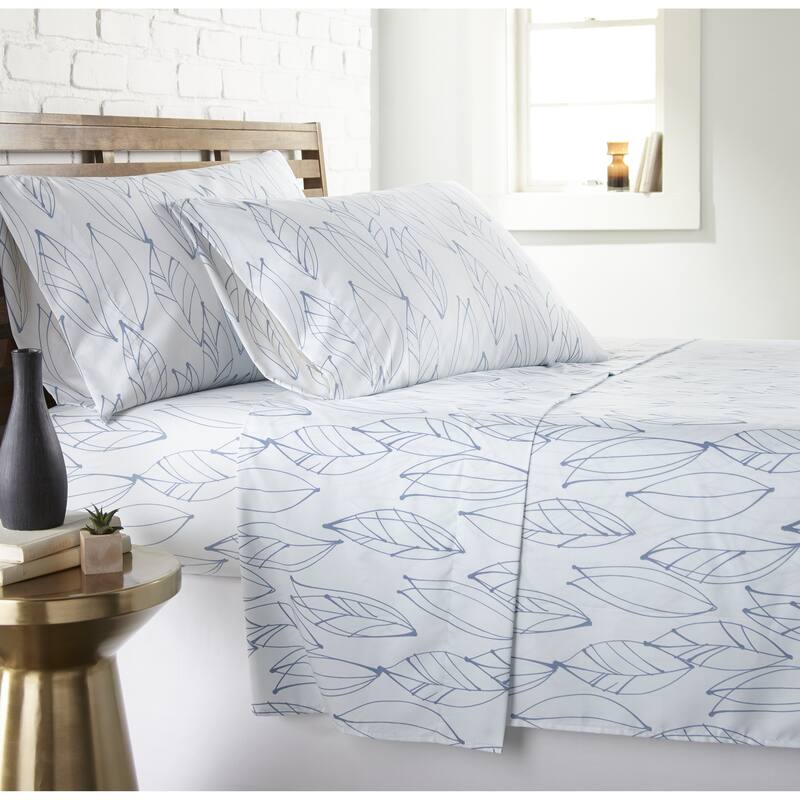 Vilano Choice Ultra-Soft Premium Modern Foliage 4-piece Printed Bed Sheet Set - White/Blue - Queen
