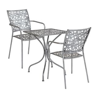 Offex 23.5" Square Antique Silver Indoor Outdoor Steel Patio Table with 2 Stack Chairs