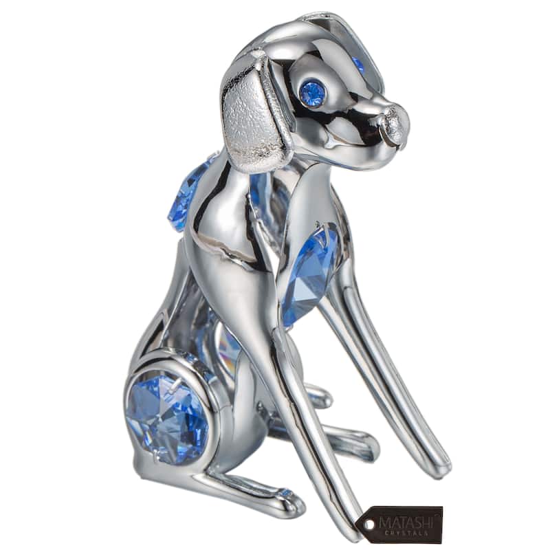 Chrome Plated Silver Dog with Blue Crystals by Matashi