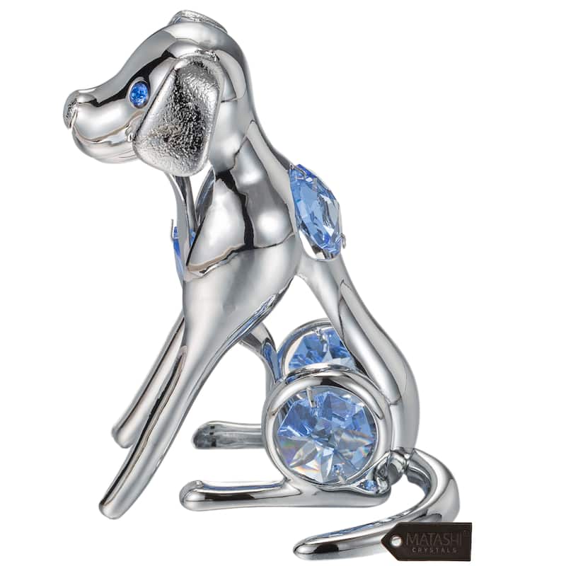 Chrome Plated Silver Dog with Blue Crystals by Matashi