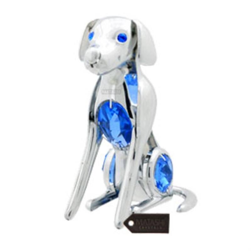 Chrome Plated Silver Dog with Blue Crystals by Matashi