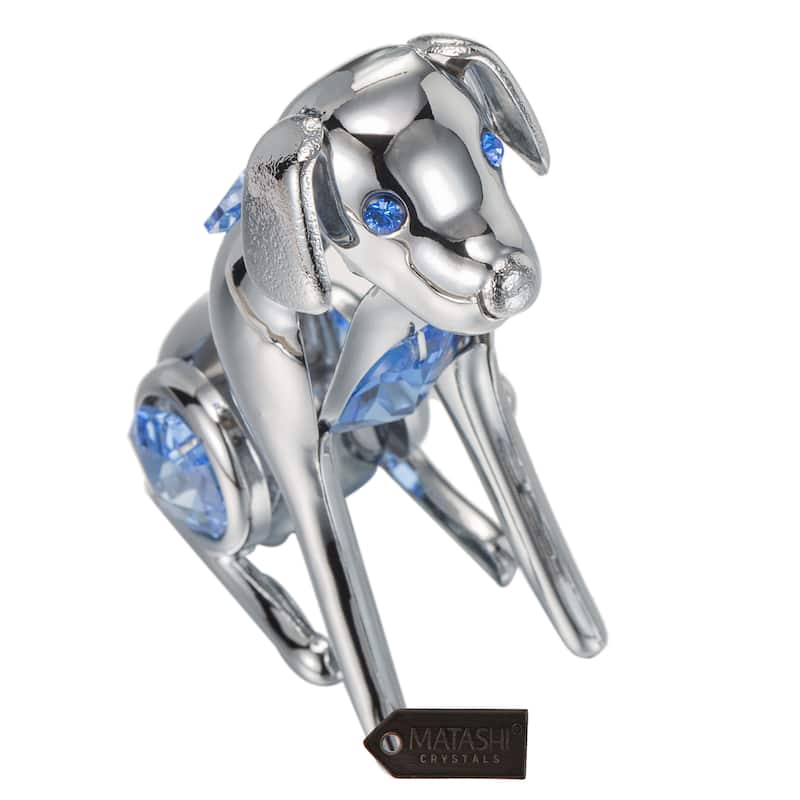 Chrome Plated Silver Dog with Blue Crystals by Matashi
