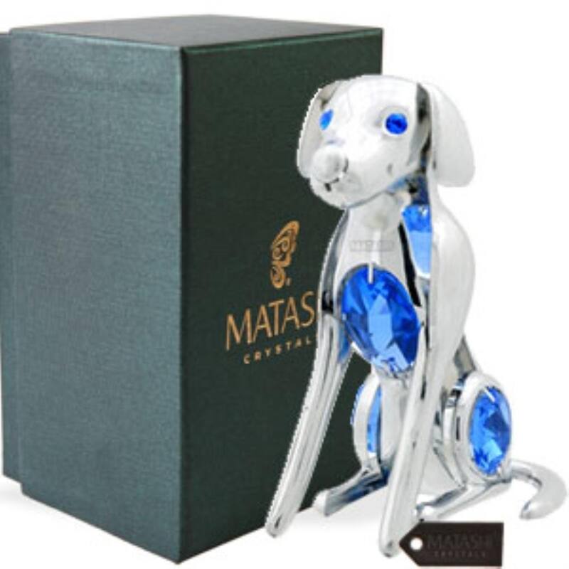 Chrome Plated Silver Dog with Blue Crystals by Matashi