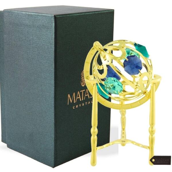 24K Gold Plated Crystal Studded Spinning Globe Ornament with Colored