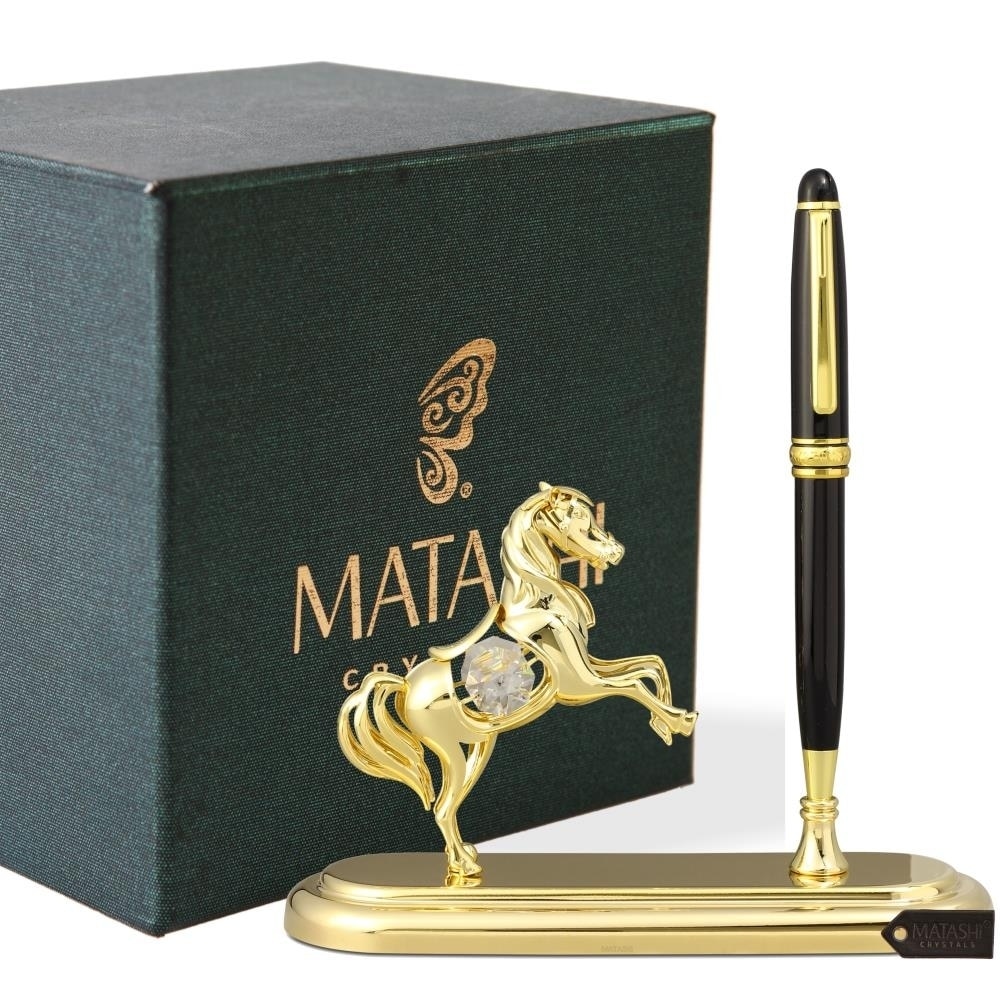 24K Gold Plated Executive Desk Set With Pen and Horse Ornament by Matashi