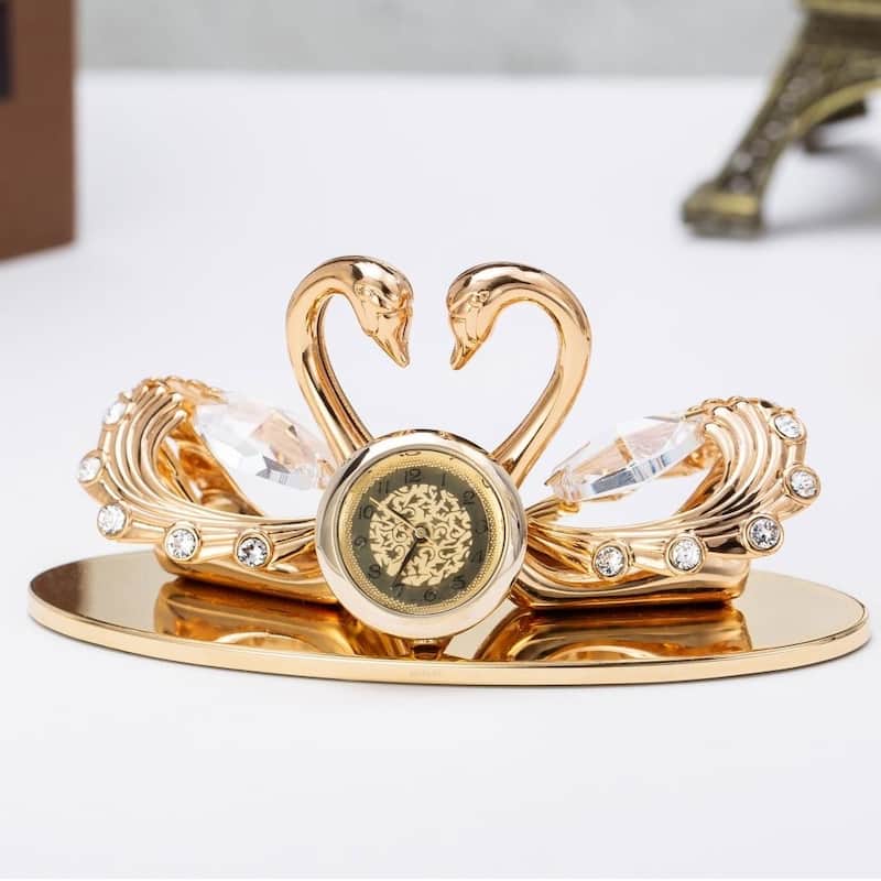 24K Gold Plated Loving Swans Figurine Clock Ornament by Matashi