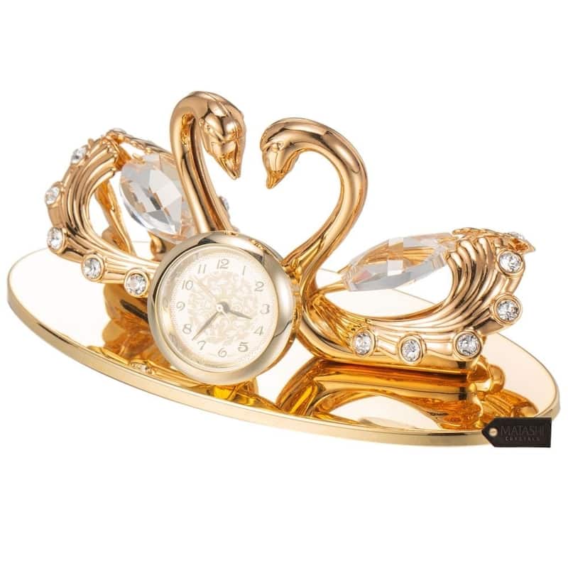 24K Gold Plated Loving Swans Figurine Clock Ornament by Matashi