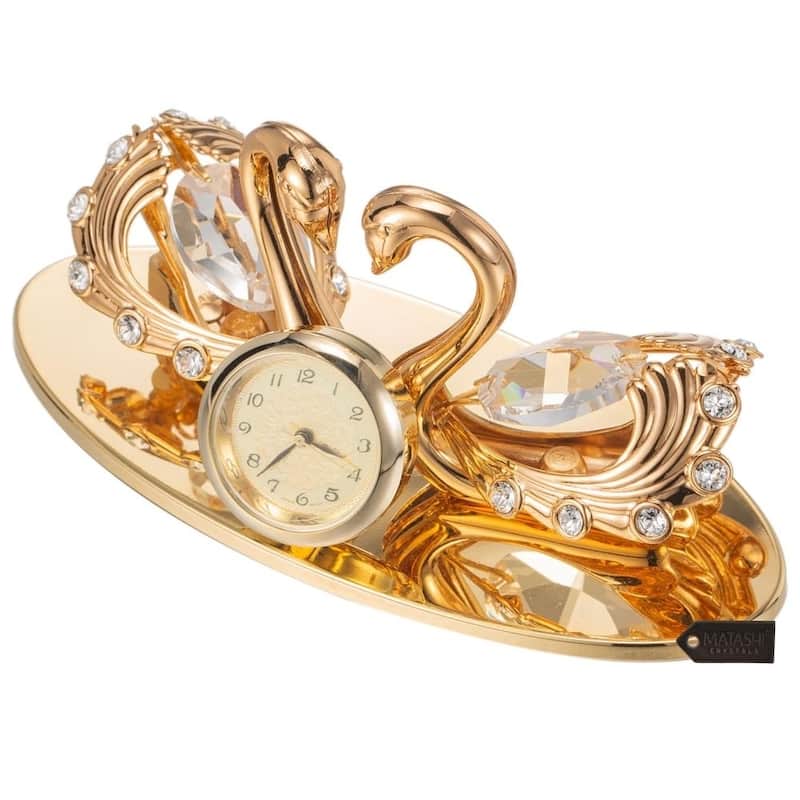 24K Gold Plated Loving Swans Figurine Clock Ornament by Matashi