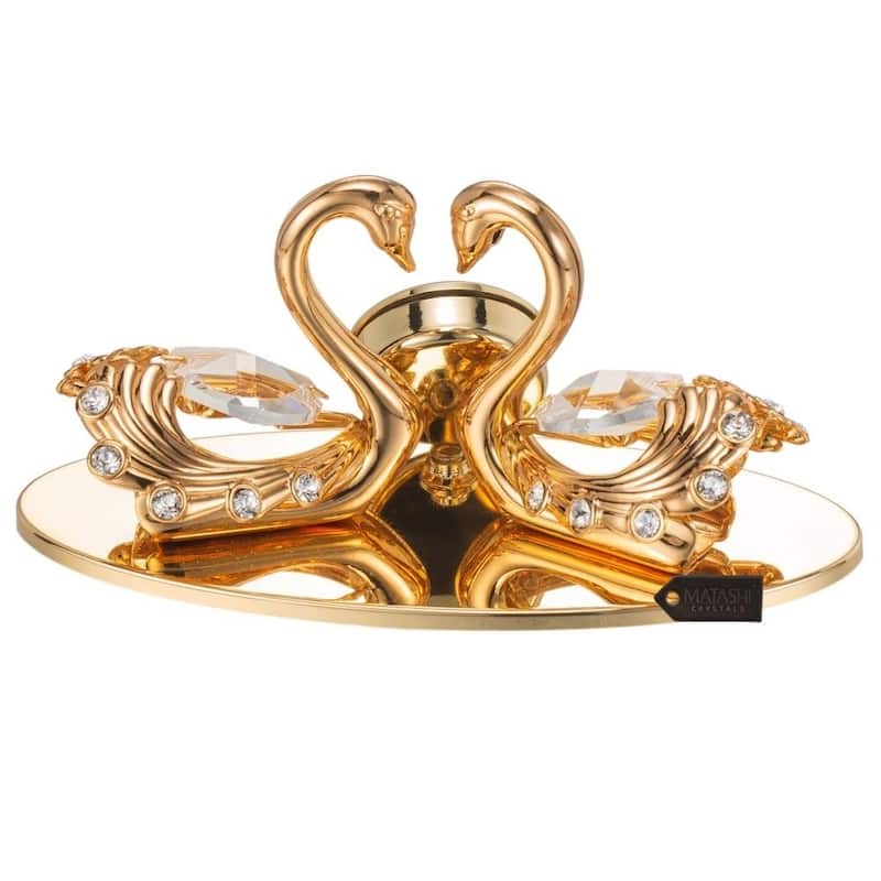 24K Gold Plated Loving Swans Figurine Clock Ornament by Matashi