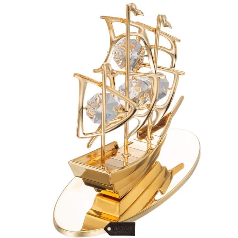 24K Gold Plated Crystal Studded Mayflower Sailing Ship Ornament by Matashi