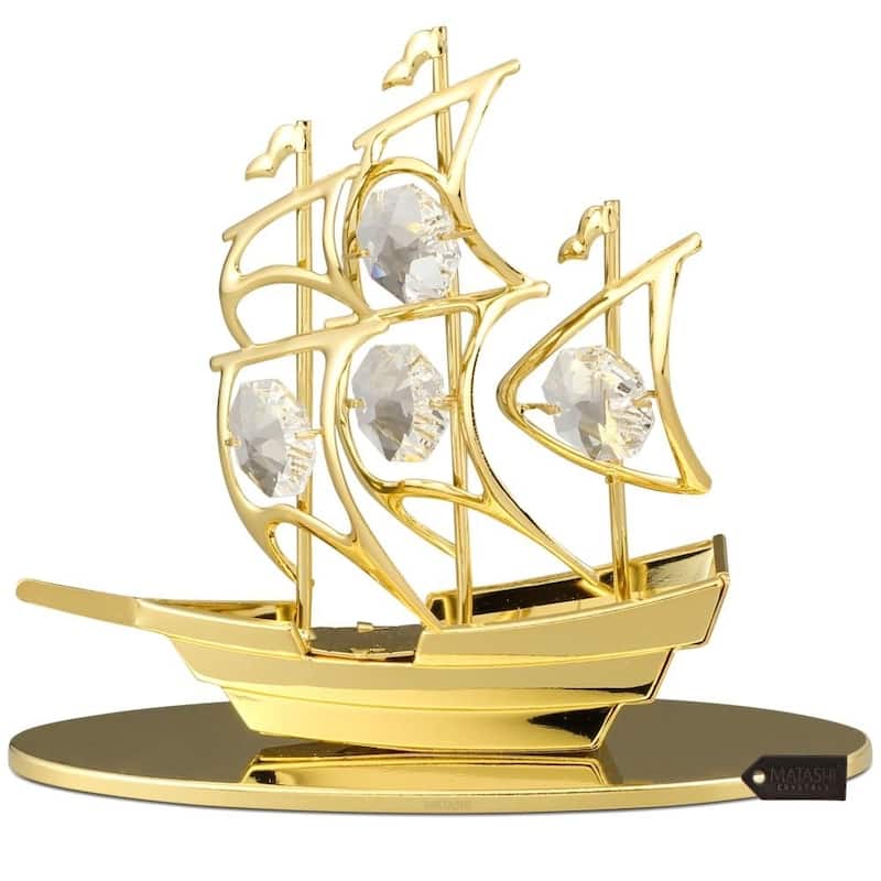 24K Gold Plated Crystal Studded Mayflower Sailing Ship Ornament by Matashi