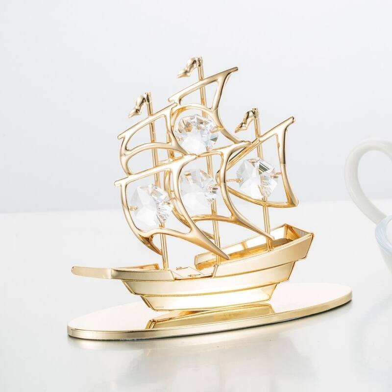 24K Gold Plated Crystal Studded Mayflower Sailing Ship Ornament by Matashi