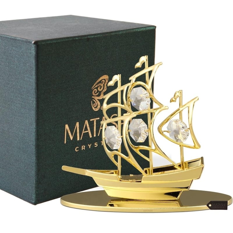 24K Gold Plated Crystal Studded Mayflower Sailing Ship Ornament by Matashi