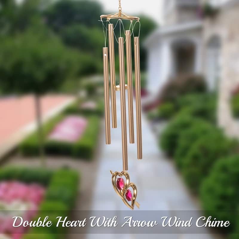 24K Gold Plated Crystal Studded Double Heart With Arrow Wind Chime by Matashi