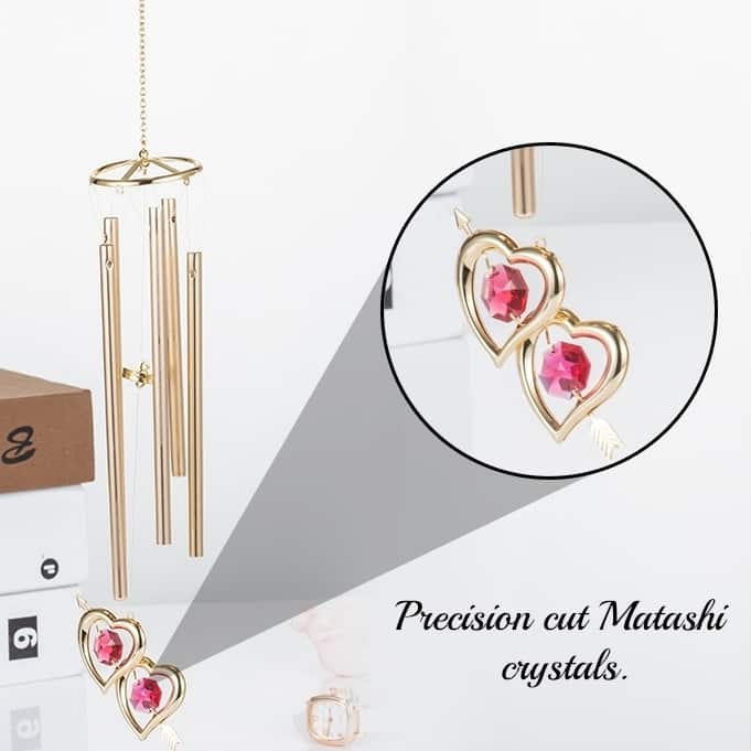 24K Gold Plated Crystal Studded Double Heart With Arrow Wind Chime by Matashi