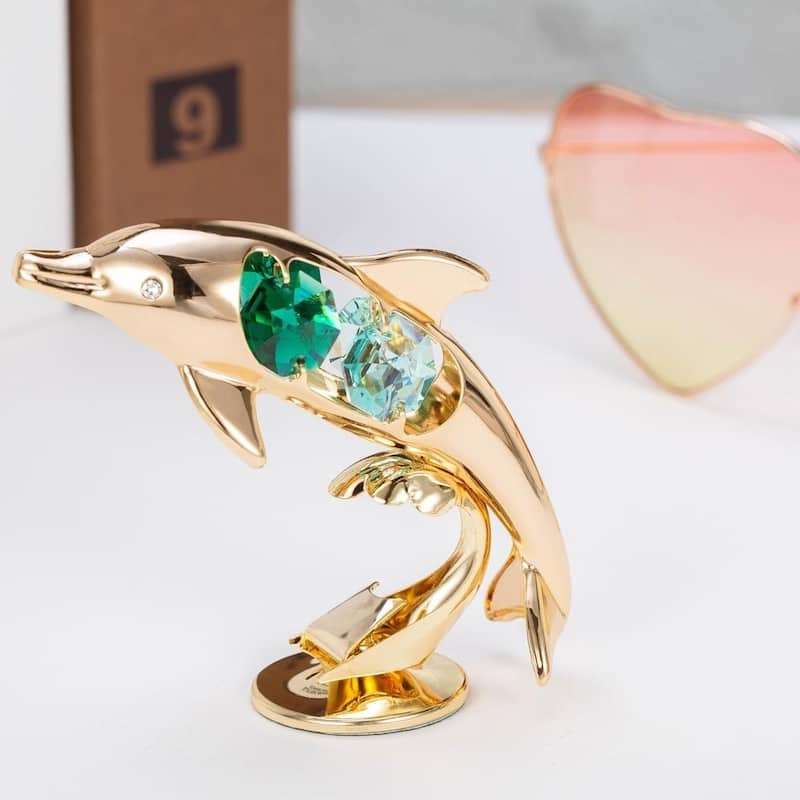 24K Gold Plated Crystal Studded Dolphin Riding Wave Figurine Ornament by Matashi